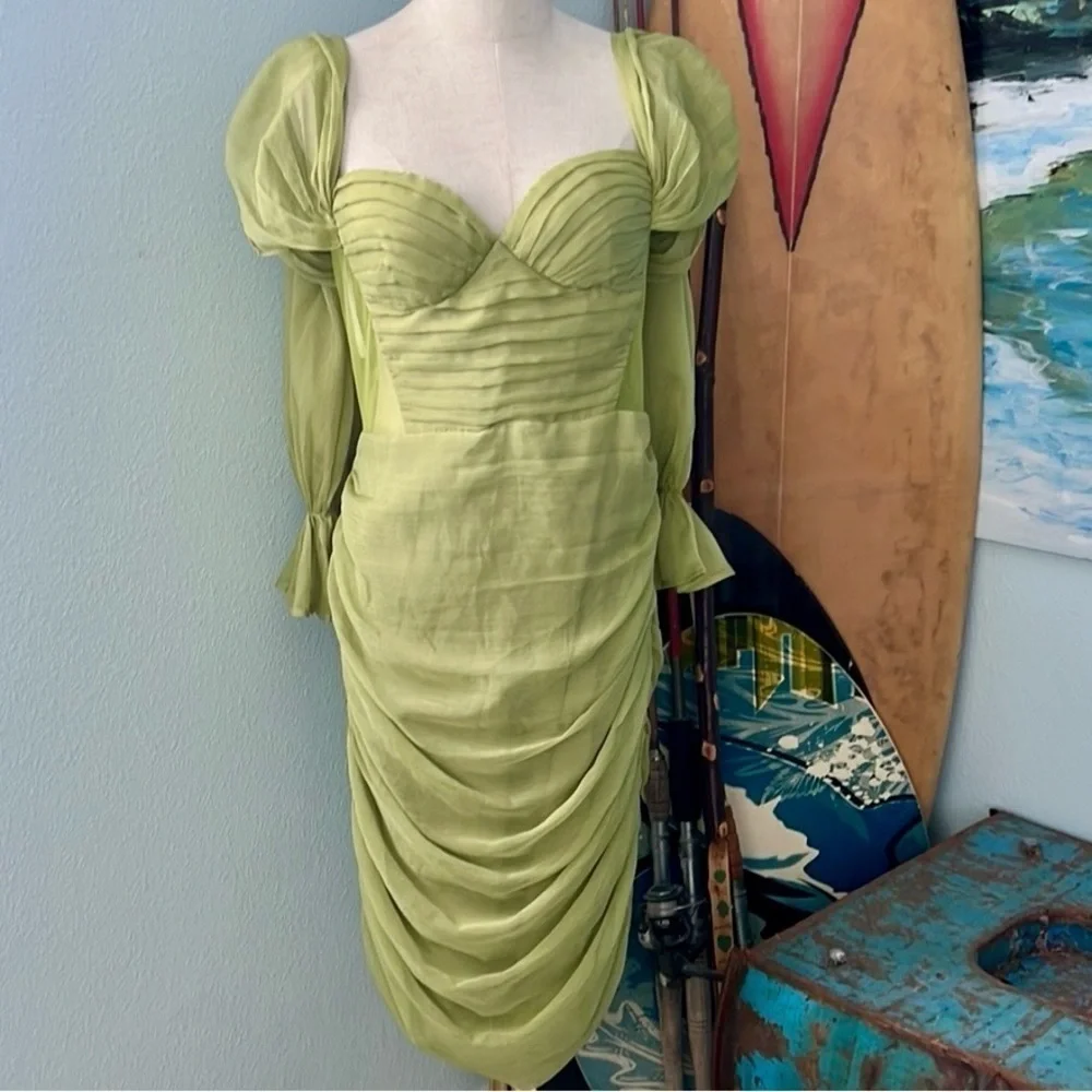 Miss Circle,Couture Clothier,Siren Olive, Silk Mesh,Lantern Sleeve Draping Dress